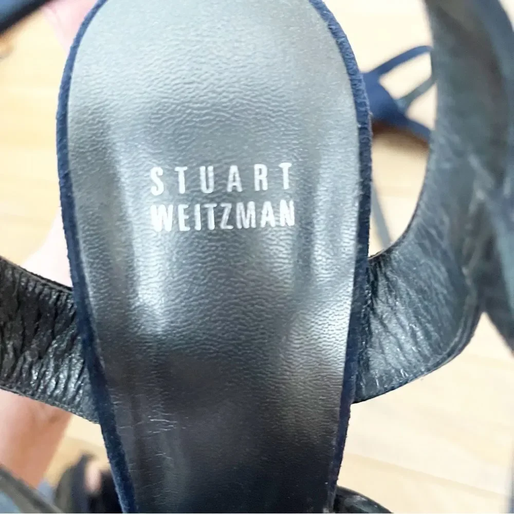 Stuart Weitzman Navy Blue Suede T-Strap Platform Heels - Picture 5 of 11